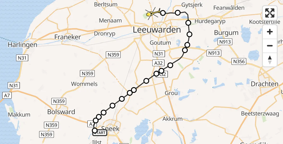 Routekaart van de vlucht: Ambulanceheli naar Vliegbasis Leeuwarden, Folsgearsterleane