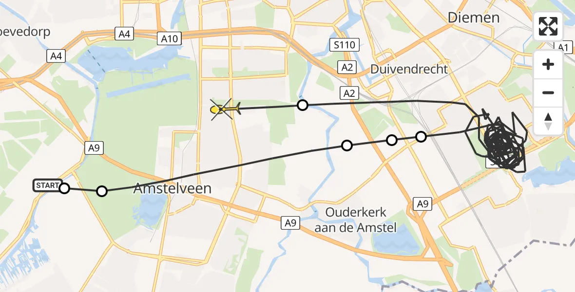 Routekaart van de vlucht: Politieheli naar Amstelveen, Hoedbrug