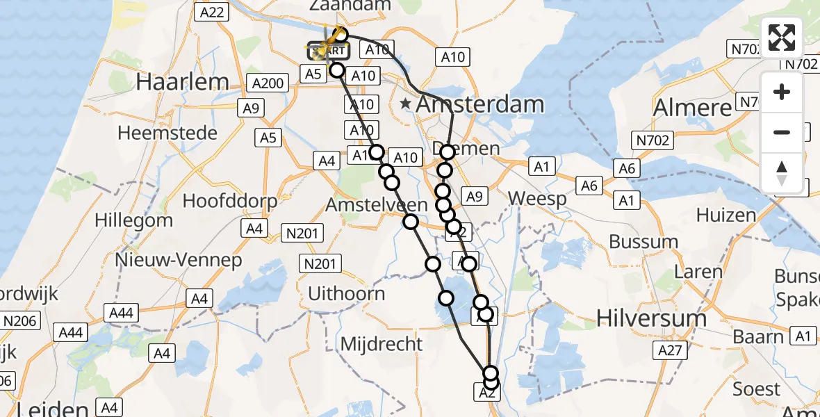 Vluchtroute Traumahelikopter van Amsterdam Heliport naar Amsterdam Heliport