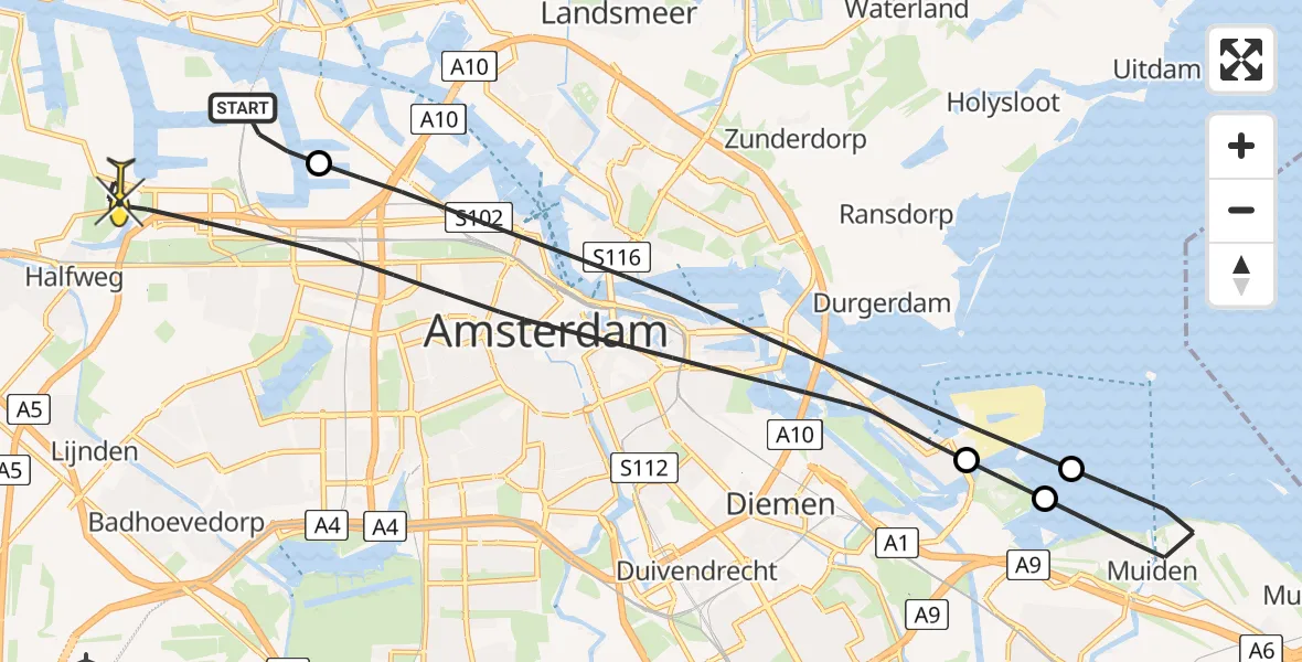 Routekaart van de vlucht: Lifeliner 1 naar Amsterdam, Westhaven