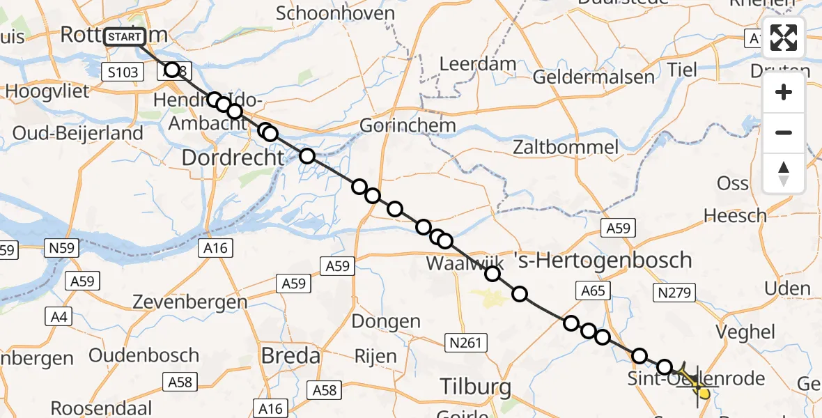 Routekaart van de vlucht: Lifeliner 2 naar Sint-Oedenrode, Rhijnspoorkade