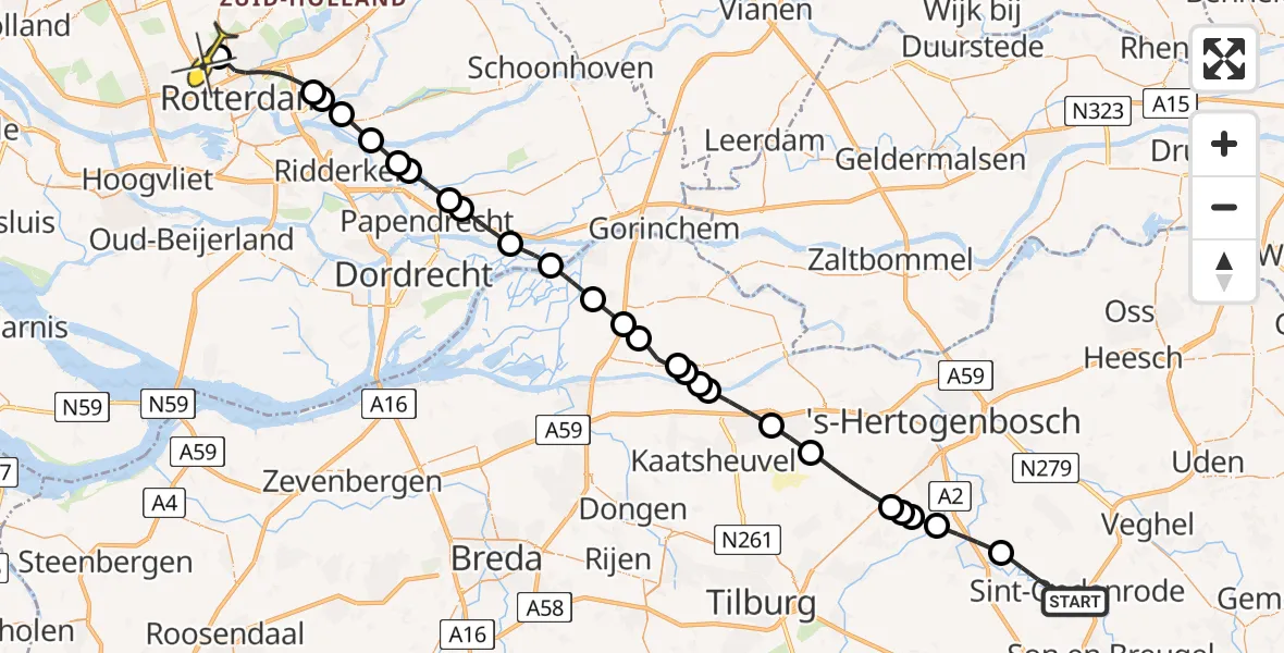 Routekaart van de vlucht: Lifeliner 2 naar Rotterdam The Hague Airport, De Hooibrug (in aanbouw 2020)
