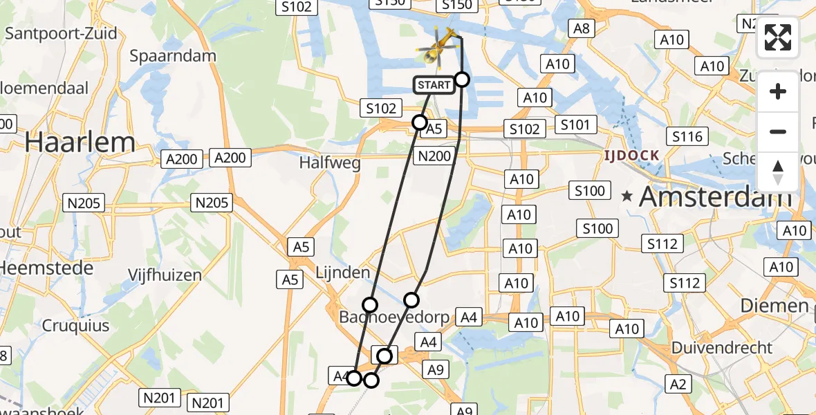 Vluchtroute Traumahelikopter van Amsterdam Heliport naar Amsterdam Heliport