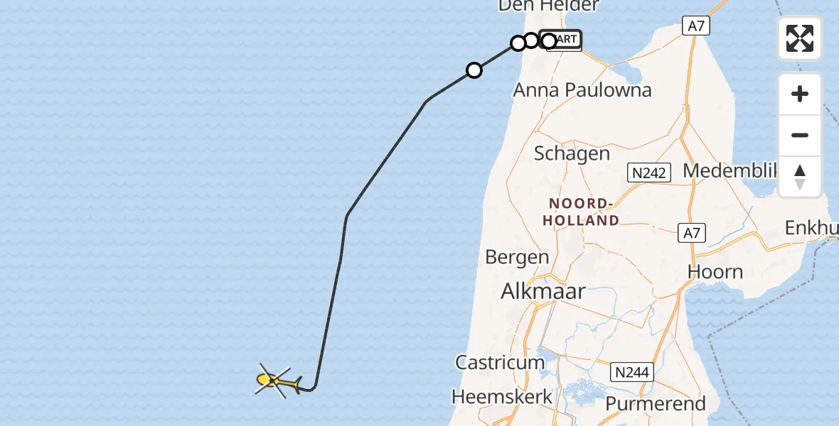 Routekaart van de vlucht: Kustwachthelikopter naar Middenvliet