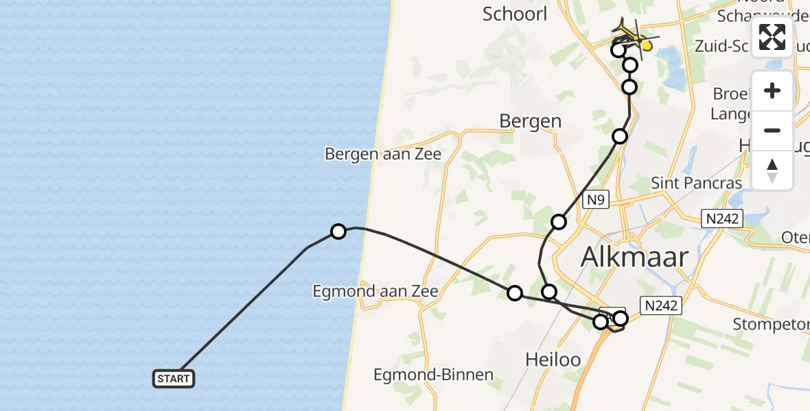 Routekaart van de vlucht: Kustwachthelikopter naar Oudkarspel, Wagenweg