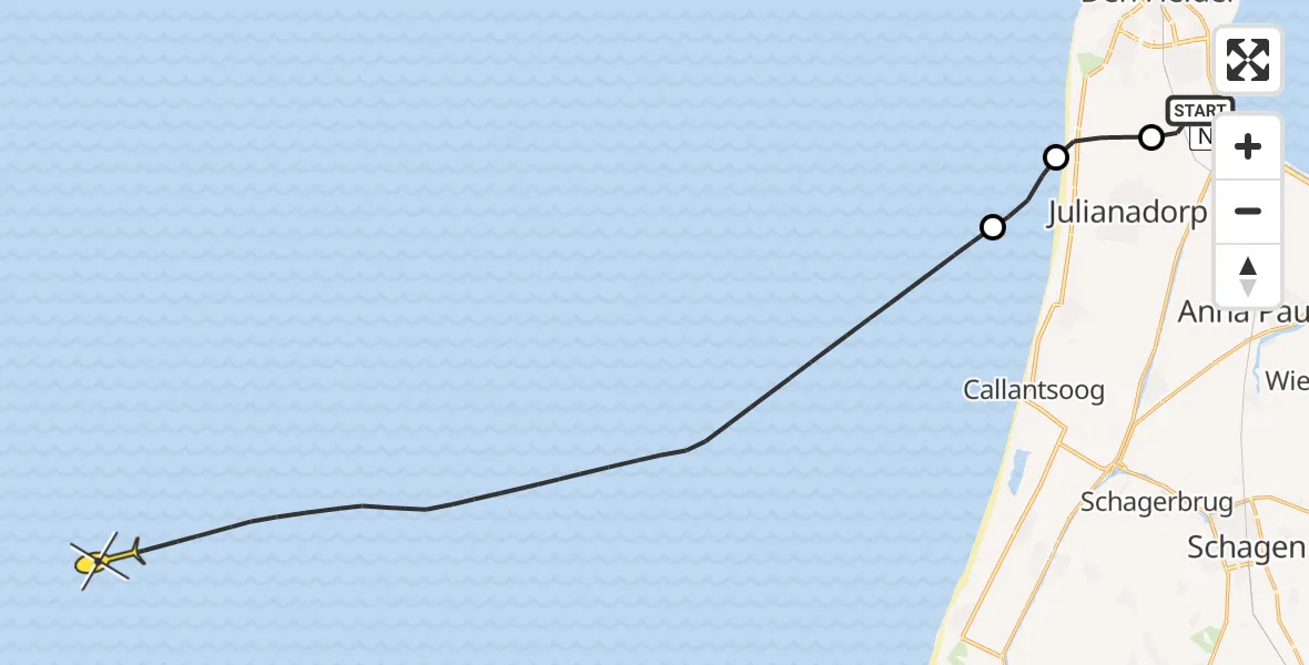 Routekaart van de vlucht: Kustwachthelikopter naar Kortevliet