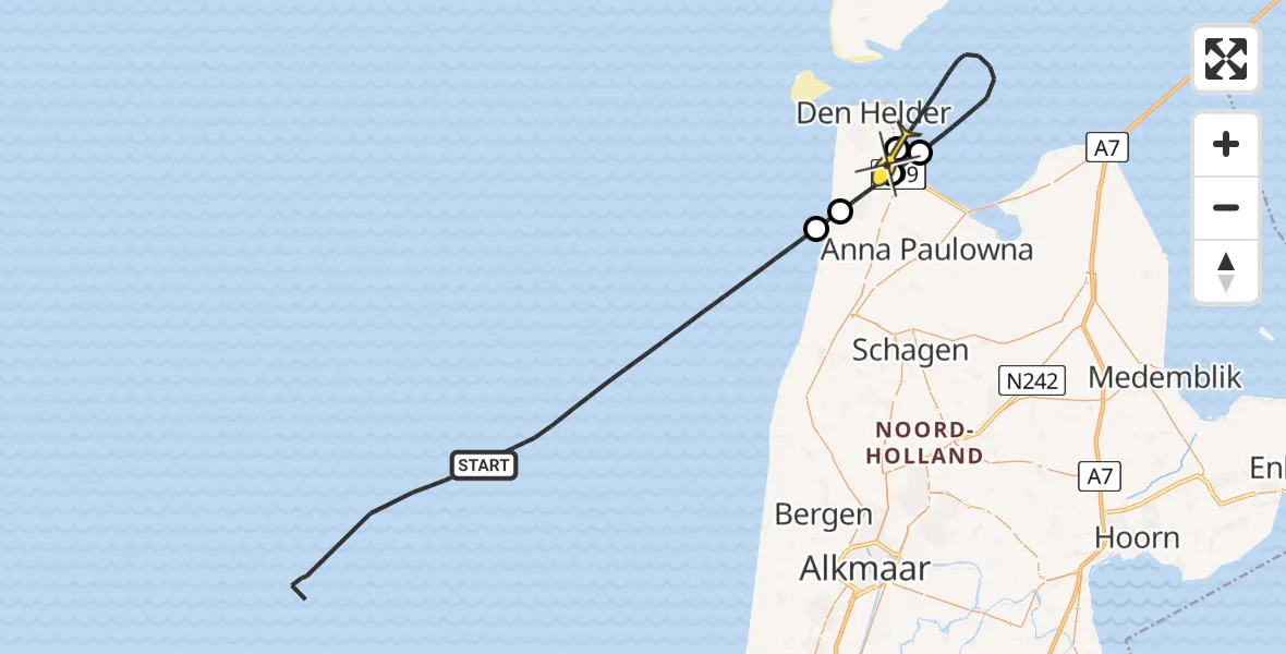 Routekaart van de vlucht: Kustwachthelikopter naar Vliegveld De Kooy, Rijksweg