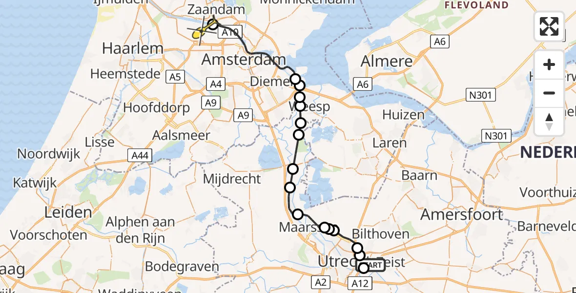 Routekaart van de vlucht: Lifeliner 1 naar Amsterdam Heliport, Zandlaan