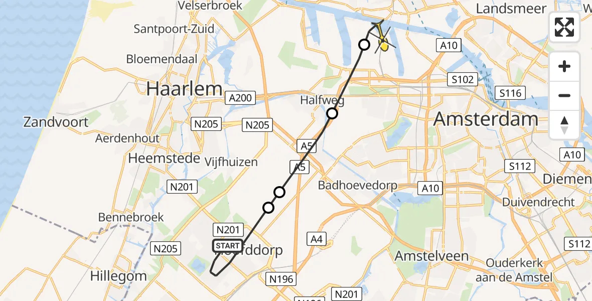 Routekaart van de vlucht: Lifeliner 1 naar Amsterdam Heliport, Aletta Jacobsdreef
