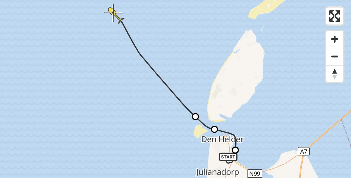 Routekaart van de vlucht: Kustwachthelikopter naar Kortevliet