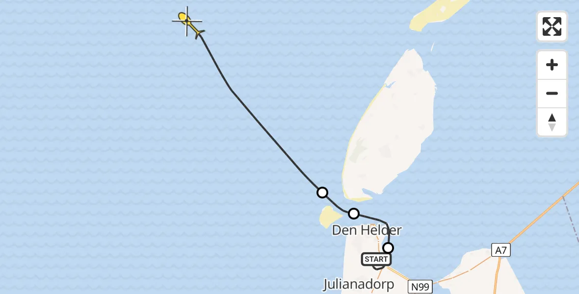 Vluchtroute Kustwachthelikopter van Vliegveld De Kooy naar 