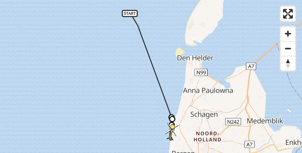 Routekaart van de vlucht: Kustwachthelikopter naar Schoorl, Hondsbossche Duinpad