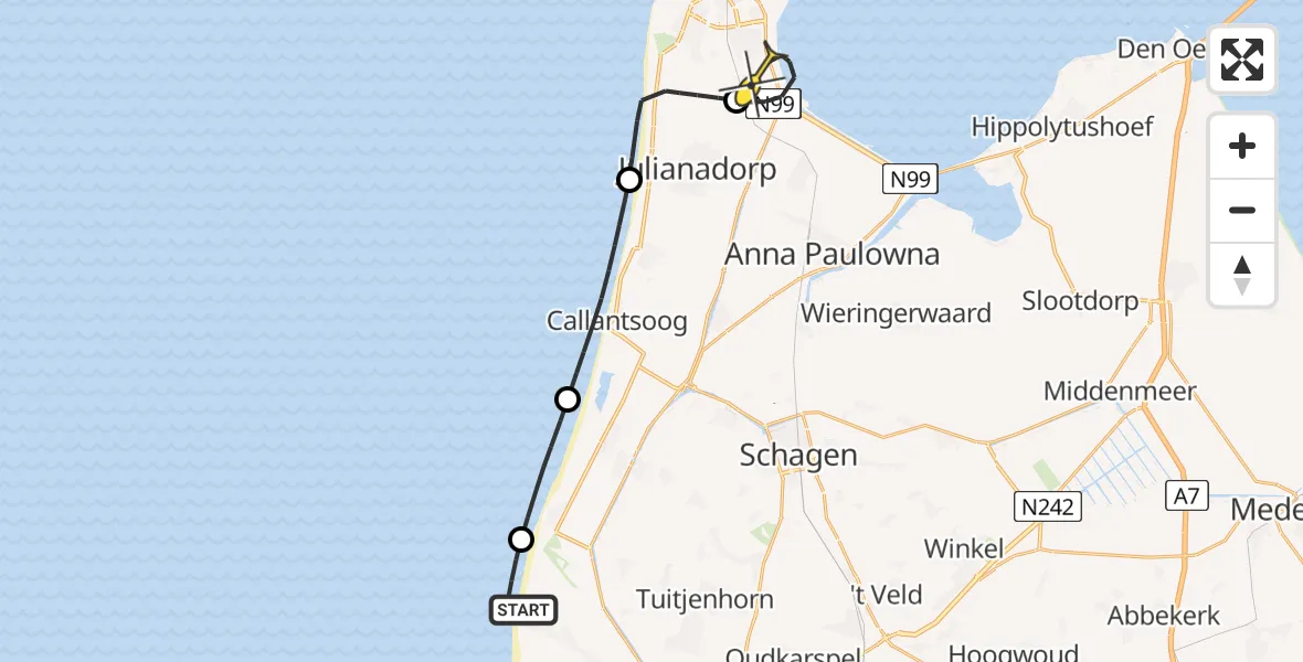 Routekaart van de vlucht: Kustwachthelikopter naar Vliegveld De Kooy, Spreeuwendijk