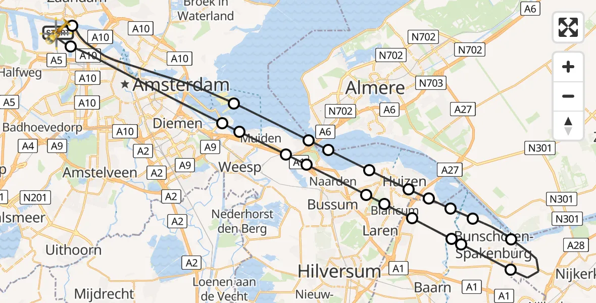 Vluchtroute Traumahelikopter van Amsterdam Heliport naar Amsterdam Heliport