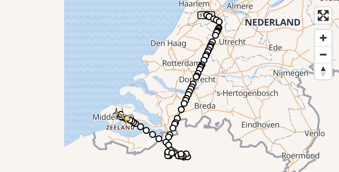 Routekaart van de vlucht: Politieheli naar Vliegveld Midden-Zeeland, Kleine Bospad