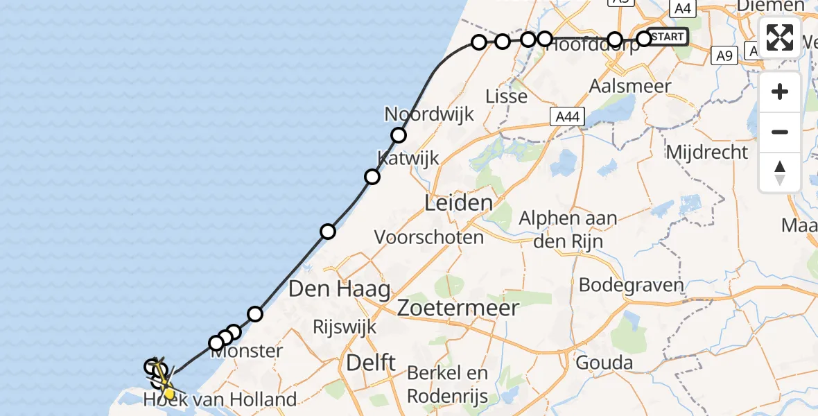 Routekaart van de vlucht: Politieheli naar Hoek van Holland, Loevesteinse Randweg