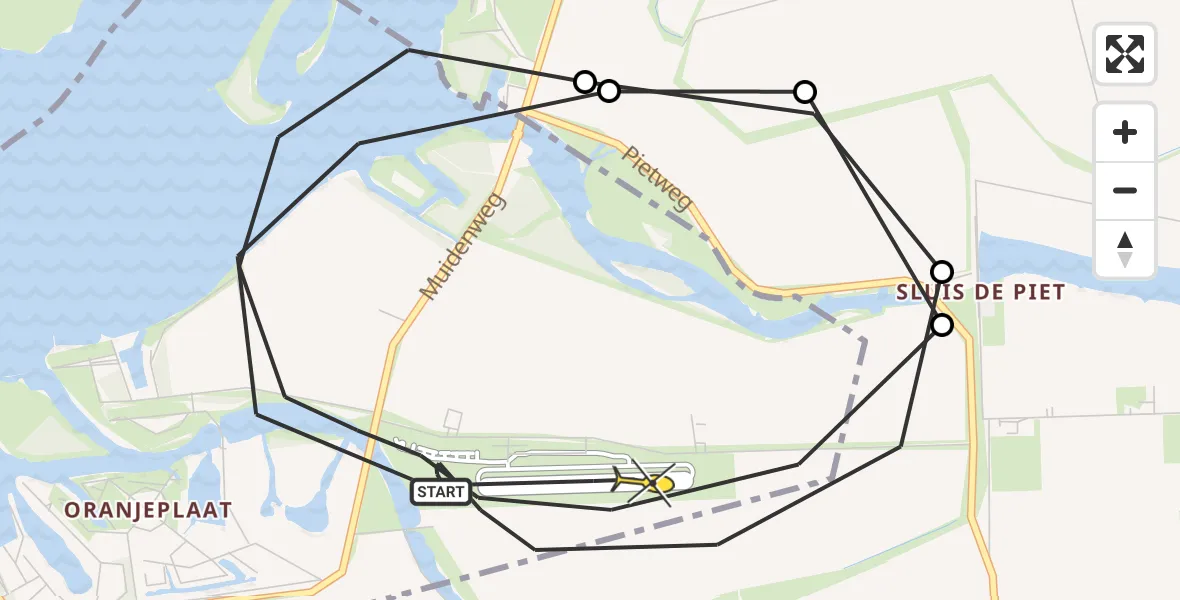 Routekaart van de vlucht: Politieheli naar Vliegveld Midden-Zeeland, Calandweg