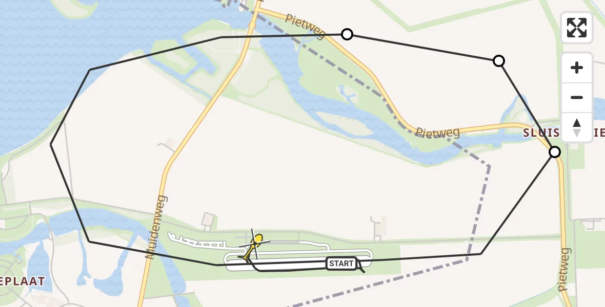 Vluchtroute Politiehelikopter van Vliegveld Midden-Zeeland naar Vliegveld Midden-Zeeland