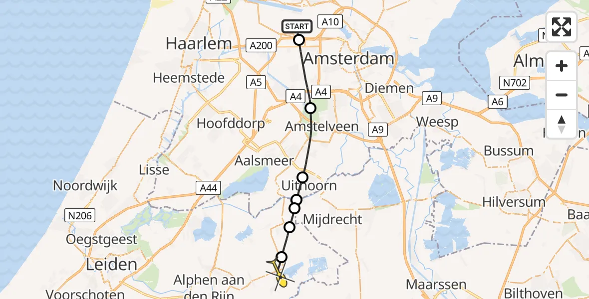Routekaart van de vlucht: Lifeliner 1 naar Nieuwkoop, Diepen