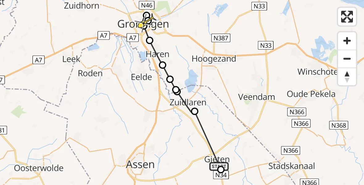 Routekaart van de vlucht: Lifeliner 4 naar Universitair Medisch Centrum Groningen, Lageweg