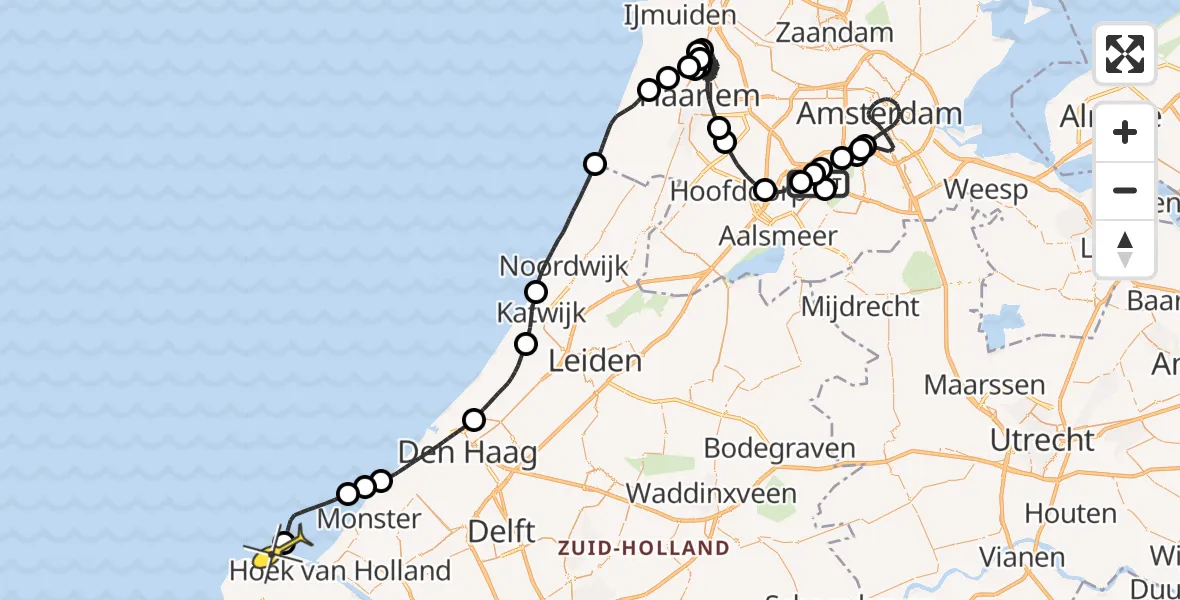 Routekaart van de vlucht: Politiehelikopter naar Hoek van Holland, Van Weerden-Poelmanweg