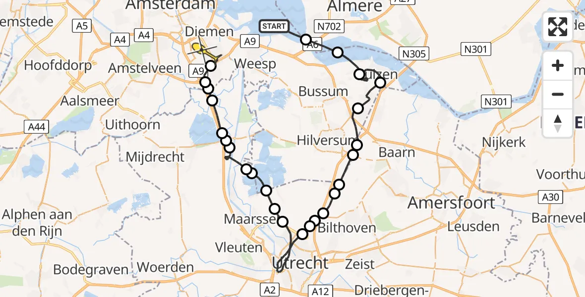 Routekaart van de vlucht: Politieheli naar Amsterdam, Muiden