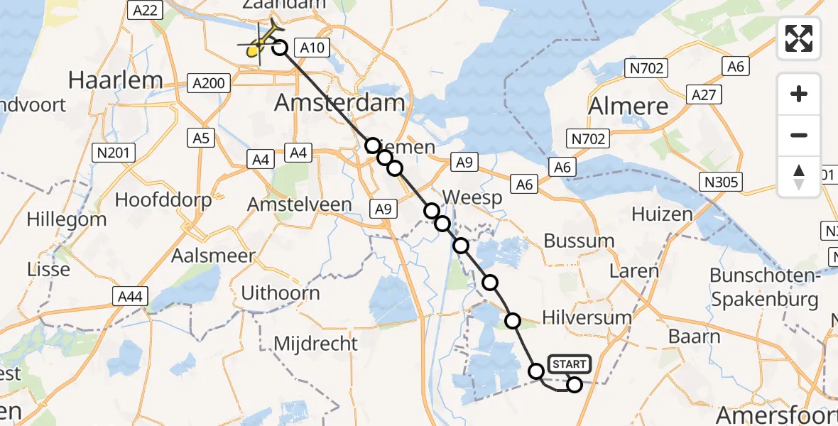 Routekaart van de vlucht: Lifeliner 1 naar Amsterdam Heliport, Noodweg
