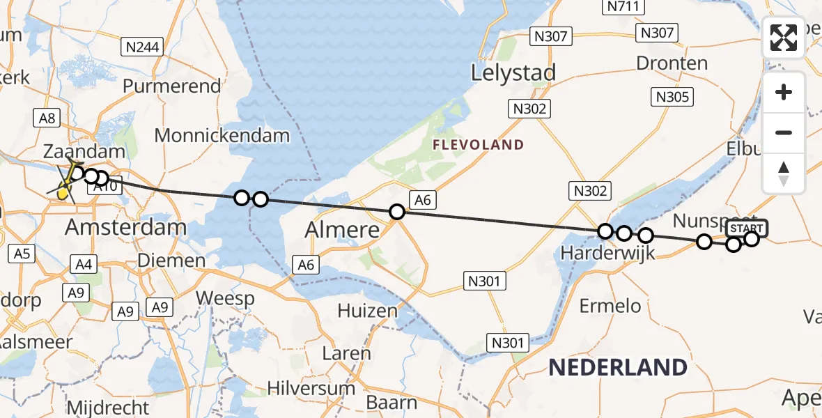 Routekaart van de vlucht: Lifeliner 1 naar Amsterdam Heliport, Pas-Opweg