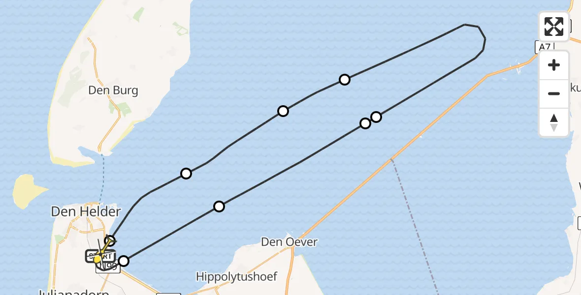 Routekaart van de vlucht: Kustwachthelikopter naar Vliegveld De Kooy, Middenvliet