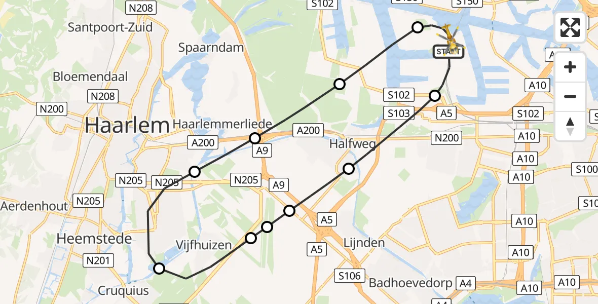 Vluchtroute Traumahelikopter van Amsterdam Heliport naar Amsterdam Heliport