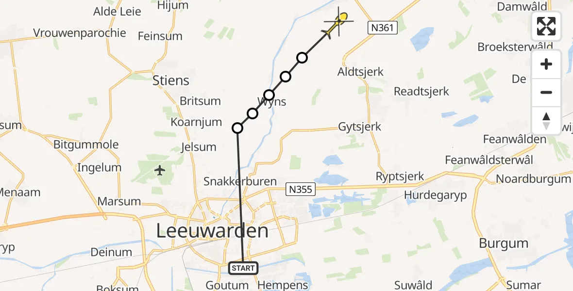 Routekaart van de vlucht: Ambulancehelikopter naar Burdaard, Aldlânsdyk