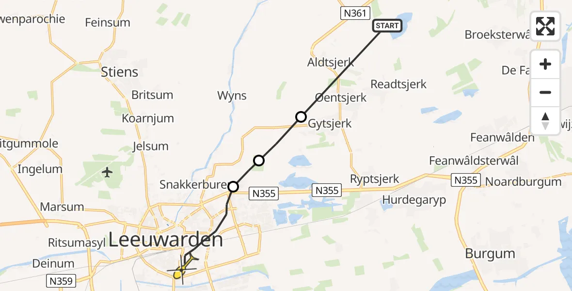 Routekaart van de vlucht: Ambulanceheli naar Leeuwarden, Canterlandseweg