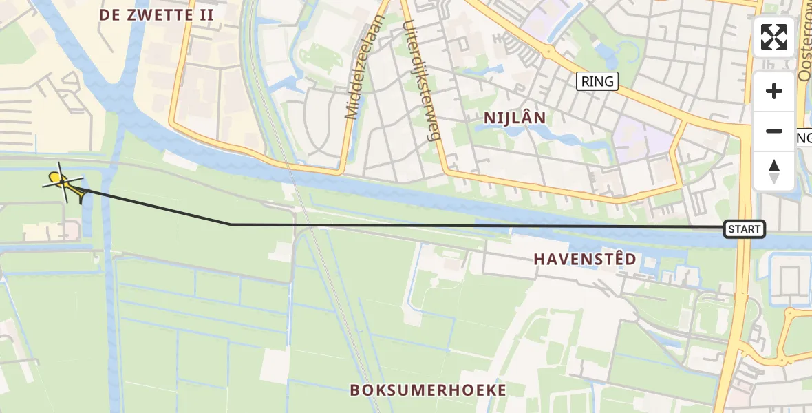 Routekaart van de vlucht: Ambulanceheli naar Leeuwarden, Boksumerdyk