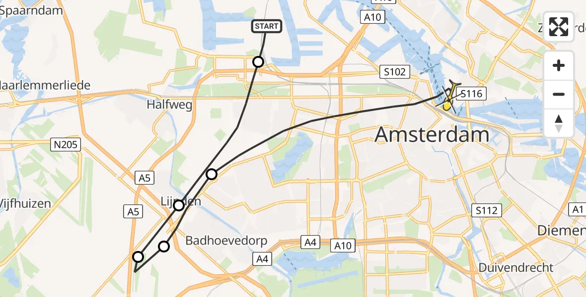 Routekaart van de vlucht: Lifeliner 1 naar Amsterdam, Galwin