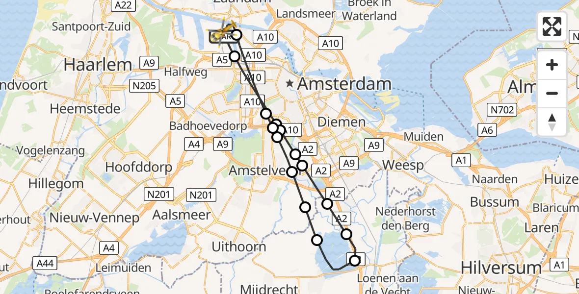 Vluchtroute Traumahelikopter van Amsterdam Heliport naar Amsterdam Heliport