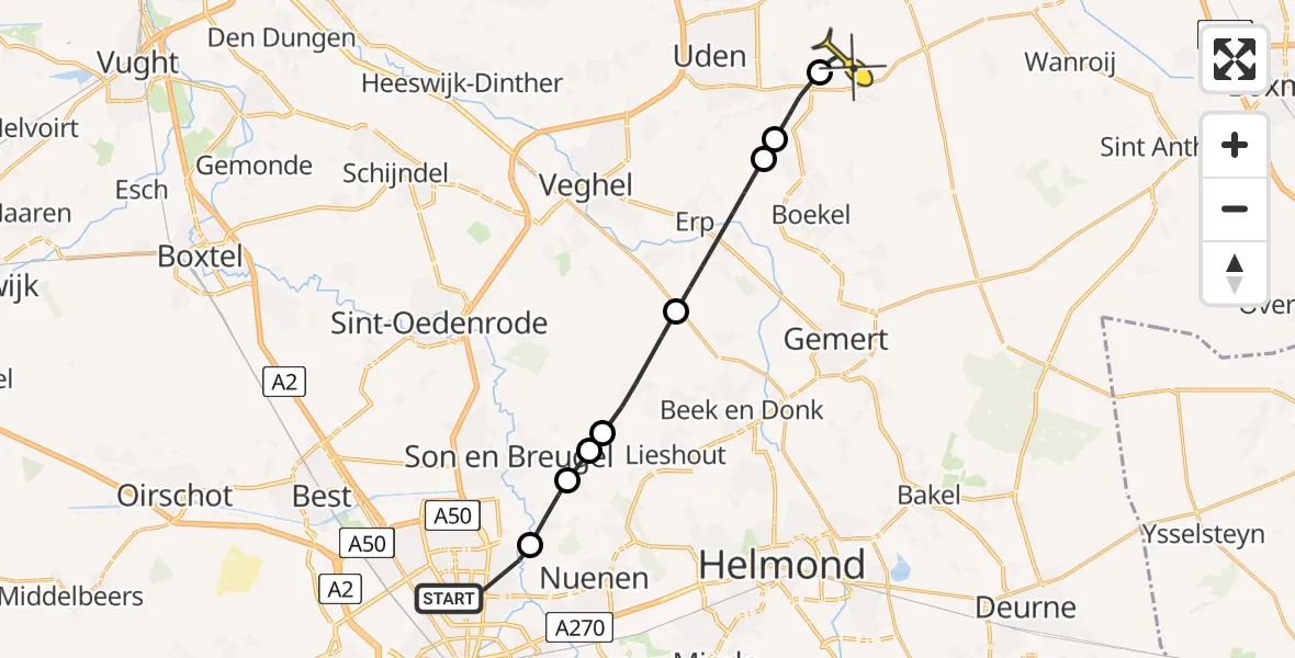 Routekaart van de vlucht: Lifeliner 3 naar Vliegbasis Volkel, Kruisakker