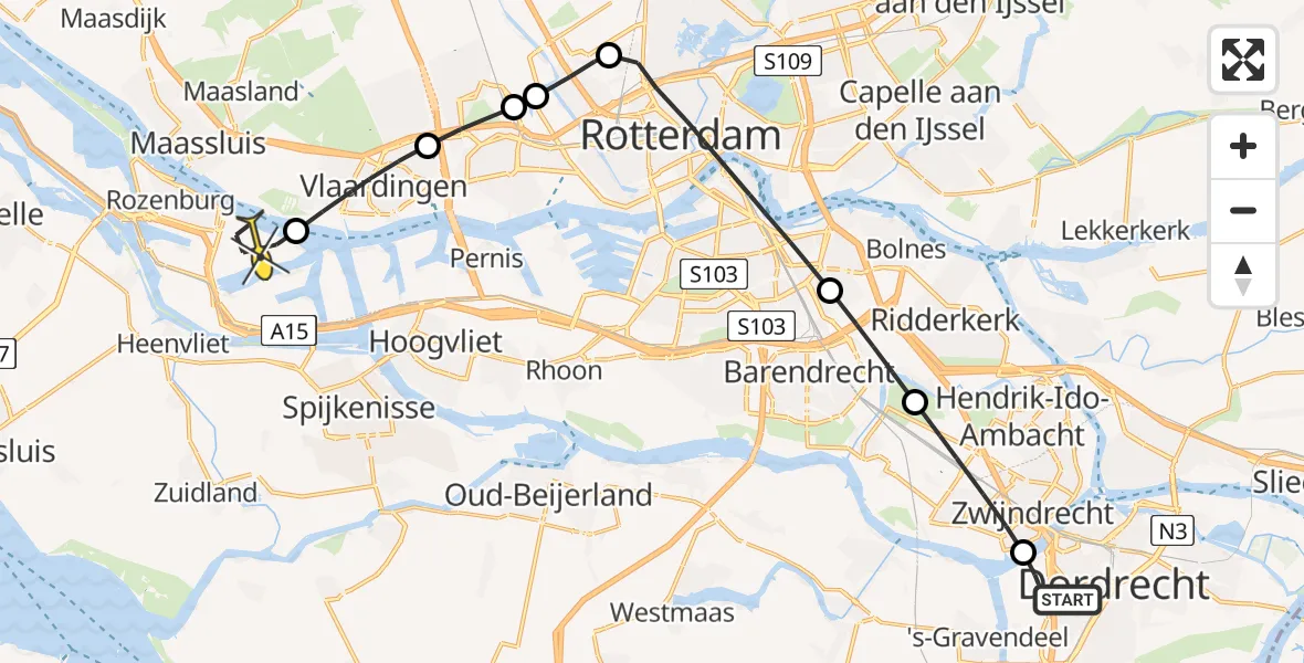 Routekaart van de vlucht: Lifeliner 2 naar Botlek, Mijlweg