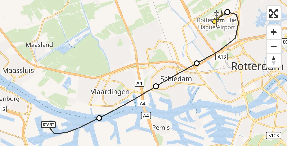 Routekaart van de vlucht: Lifeliner 2 naar Rotterdam The Hague Airport, 2e Welplaatdwarsweg