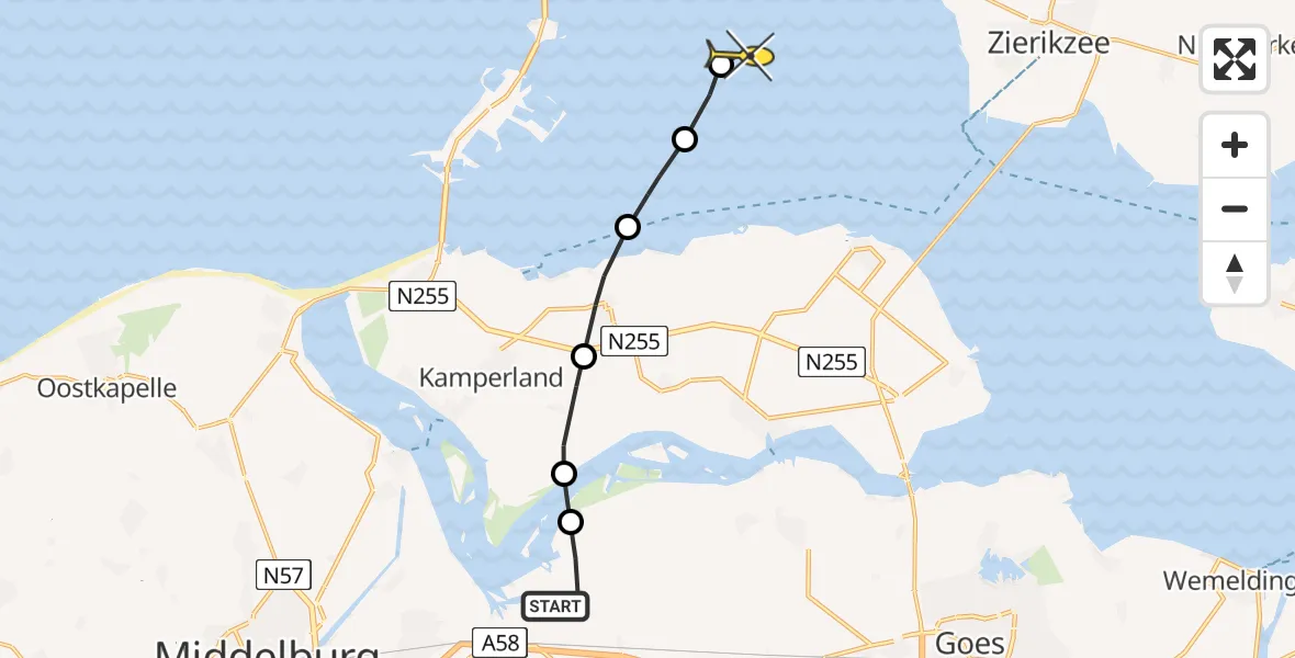 Routekaart van de vlucht: Kustwachthelikopter naar Kerkwerve, Pietweg