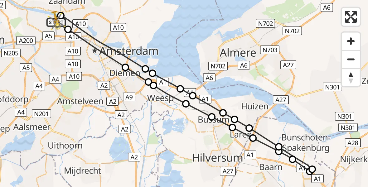 Vluchtroute Traumahelikopter van Amsterdam Heliport naar Amsterdam Heliport