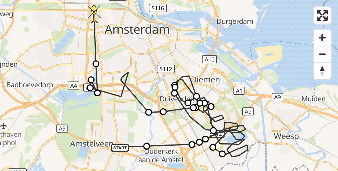 Routekaart van de vlucht: Politieheli naar Amsterdam, Hoger Einde-Noord