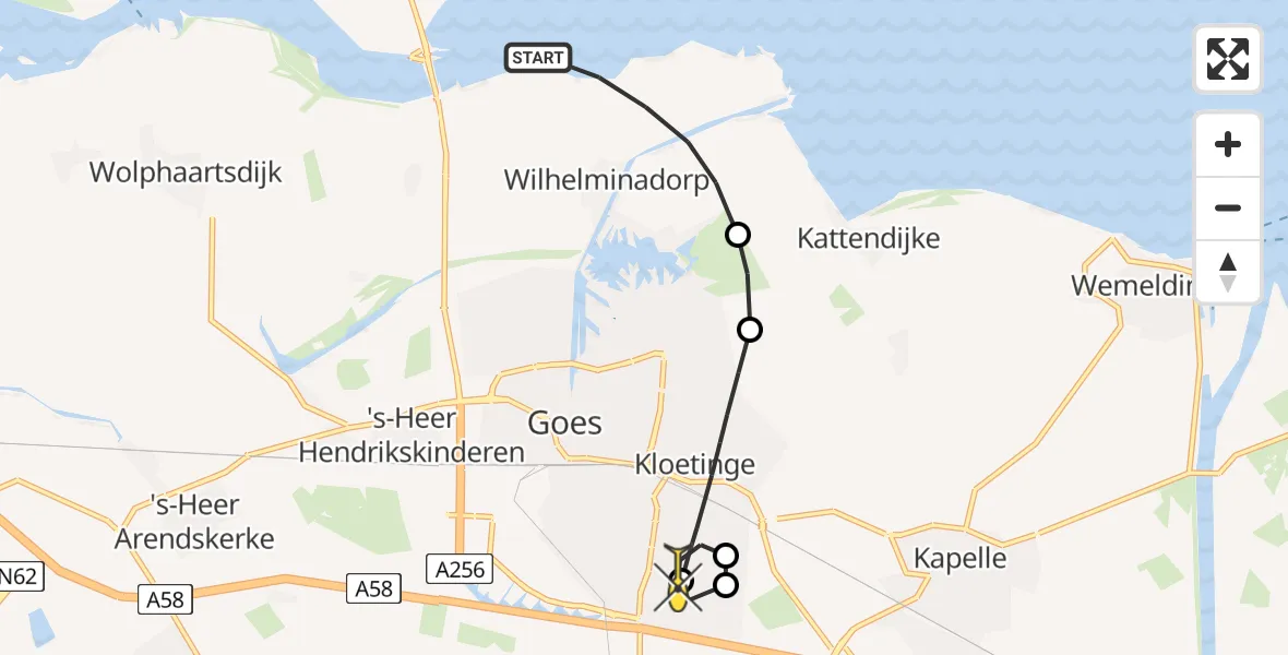 Routekaart van de vlucht: Kustwachthelikopter naar Kloetinge, Oosterscheldedijk
