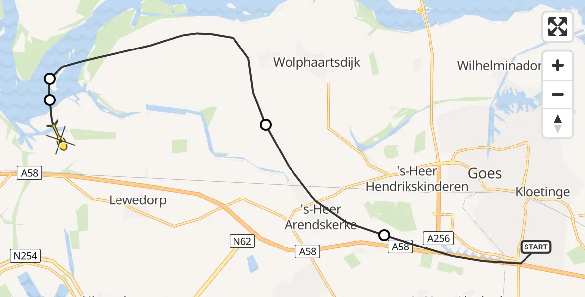 Vluchtroute  van Goes naar Vliegveld Midden-Zeeland