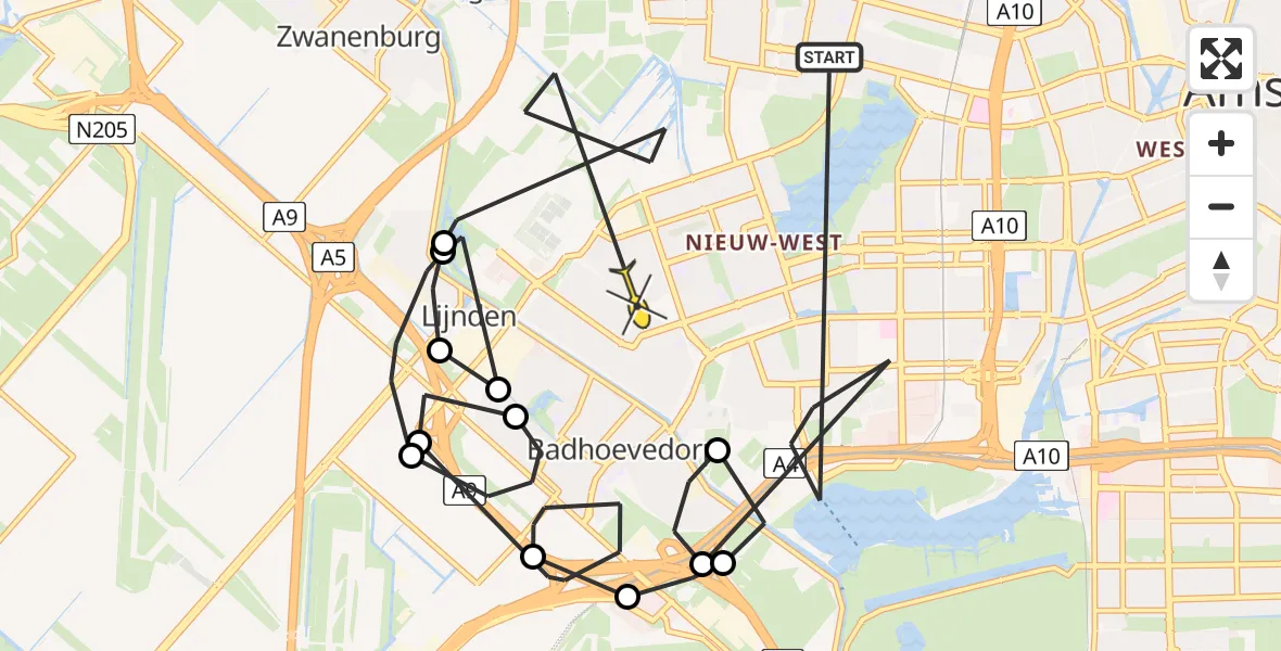 Routekaart van de vlucht: Politieheli naar Amsterdam, Nieuwe Meer, Noordoever