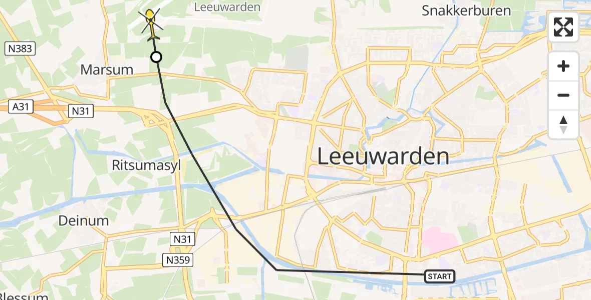 Vluchtroute Ambulancehelikopter van Leeuwarden naar Leeuwarden