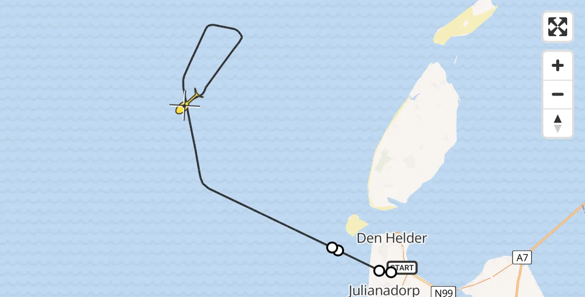 Routekaart van de vlucht: Kustwachthelikopter naar Middenvliet