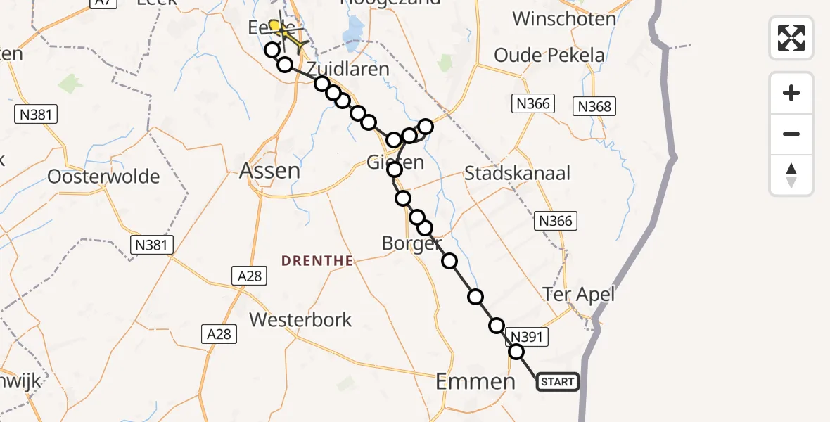 Routekaart van de vlucht: Lifeliner 4 naar Groningen Airport Eelde, Verlengde Scholtenskanaal OZ