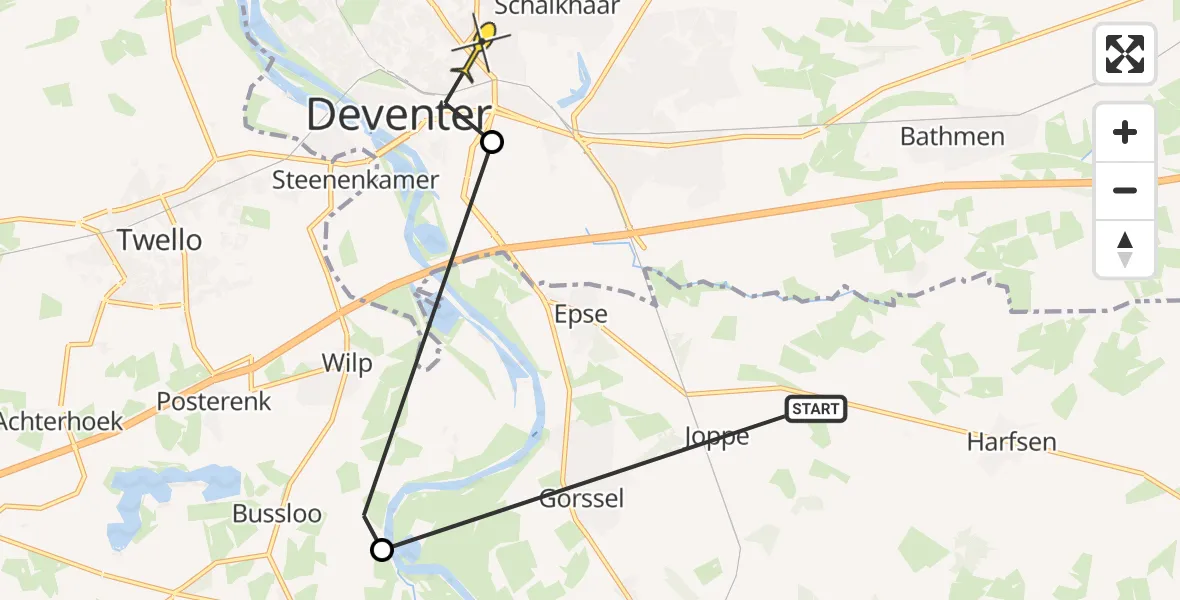Routekaart van de vlucht: Politiehelikopter naar Deventer, Houtwalstraat