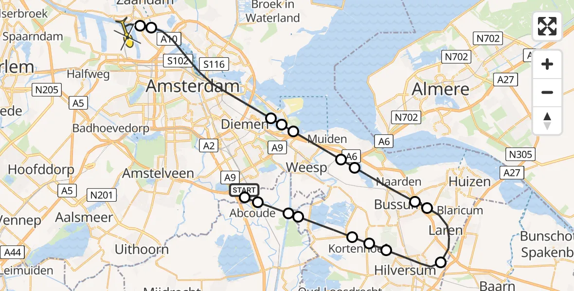 Routekaart van de vlucht: Lifeliner 1 naar Amsterdam Heliport, Abcouderstraatweg