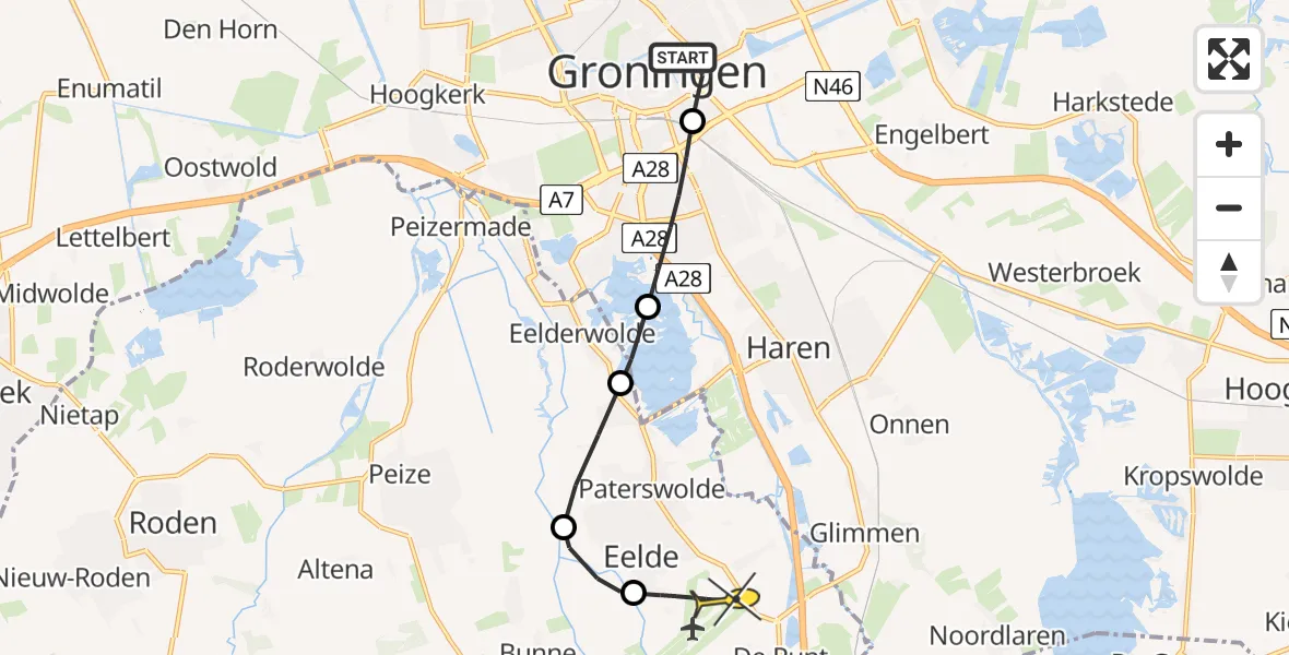 Routekaart van de vlucht: Lifeliner 4 naar Groningen Airport Eelde, Winschoterdiep